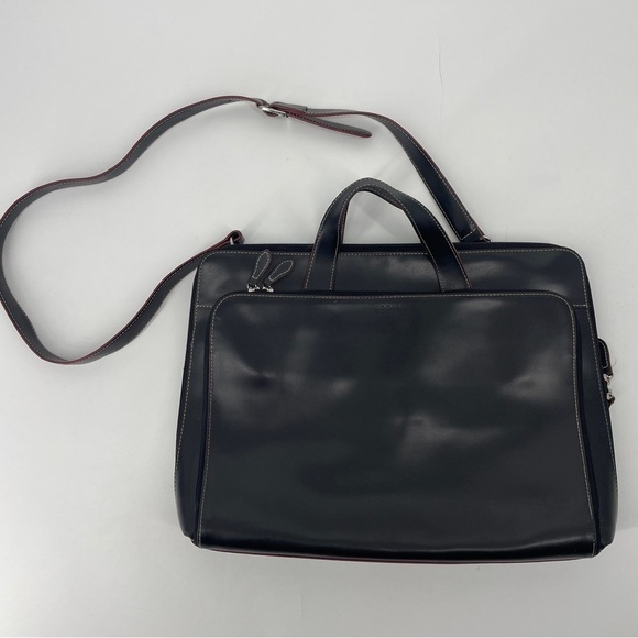 Lodis Laptop Bag Black Leather Red Trim Shoulder Strap Briefcase Career Pockets - Picture 1 of 8